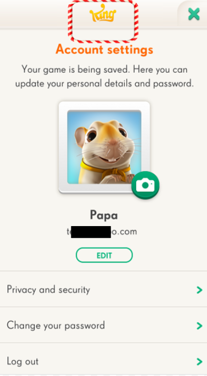 The profile page. It reads: Account settings. Your game is being saved. Here you can update your personal details and password. On the top, there's a King Logo which is highlighted. It's where you need to double-tap.