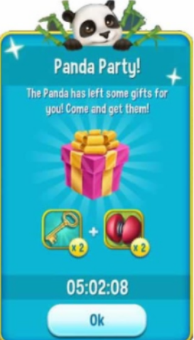 Panda Party Pop-up in Pet Rescue Saga. The text says: The Panda has left some gifts for you! Come and get them!. There's a pink gift and some boosters below. At the bottom, the timer reads 05:02:08